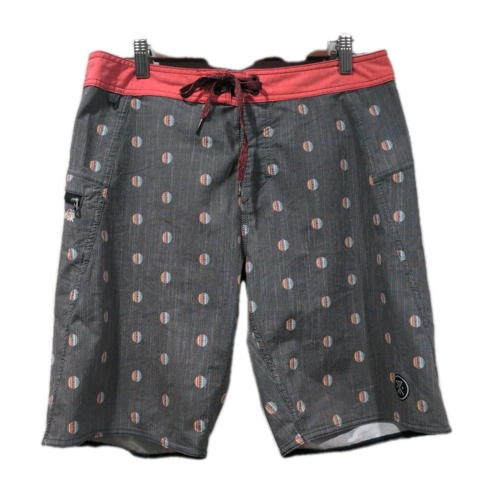 Roark Mens Board Shorts Size 31 Gray Red Lightweight Quick Dry Print Swim Beach